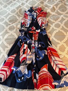 Talbots Navy, Red & White Sleeveless Printed Midi Shirt Dress